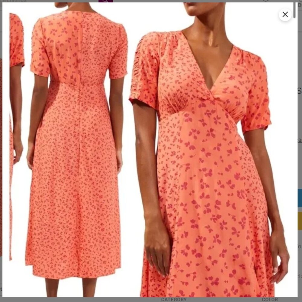 French Connection Midi Orange & Pink Floral Empire Waist Dress  Size 8
